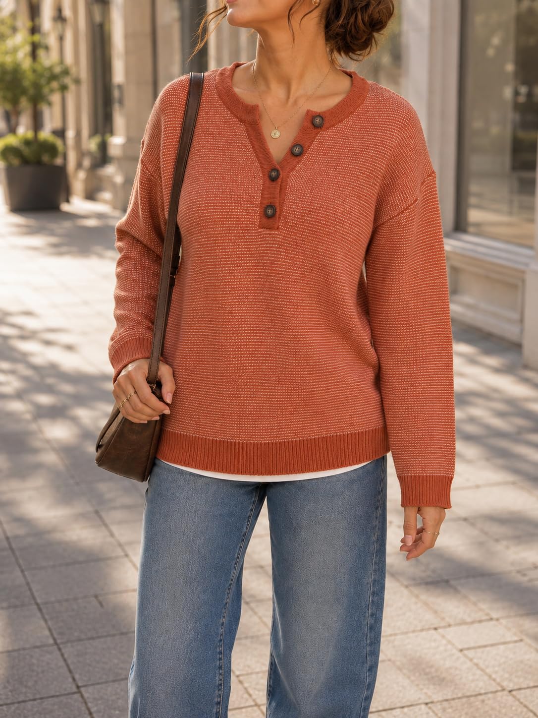 Womens Waffle Knit Henley Sweater V Neck Contrast Ribbed Trim Long Sleeve Pullov