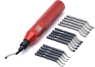 AFA Tooling Deburring Tool, 16 HSS Blades, Red CNC Anodized Aluminum Handle | Built for 3D printing, metal, PVC, copper, resin and plastic; fitted case; 360-degree rotation cleans deep and cross holes