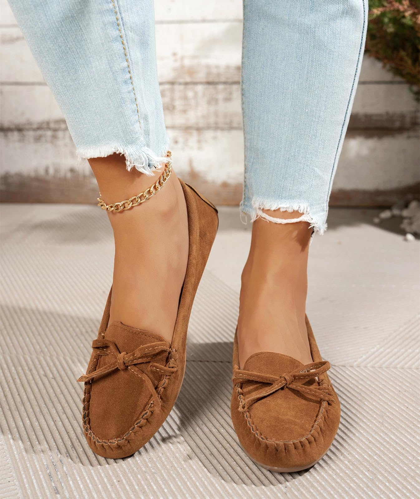 Women's Comfortable Suede Penny Loafers Casual Round Toe Slip On Bowknot Lightwe