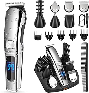 Ufree Beard Trimmer for Men, Waterproof Electric Razor, Grooming Kit | Stainless Steel Blades, Six Interchangeable Heads, Wet And Dry Use, USB Rechargeable, for Face Body Nose Ear Trimming, Silver