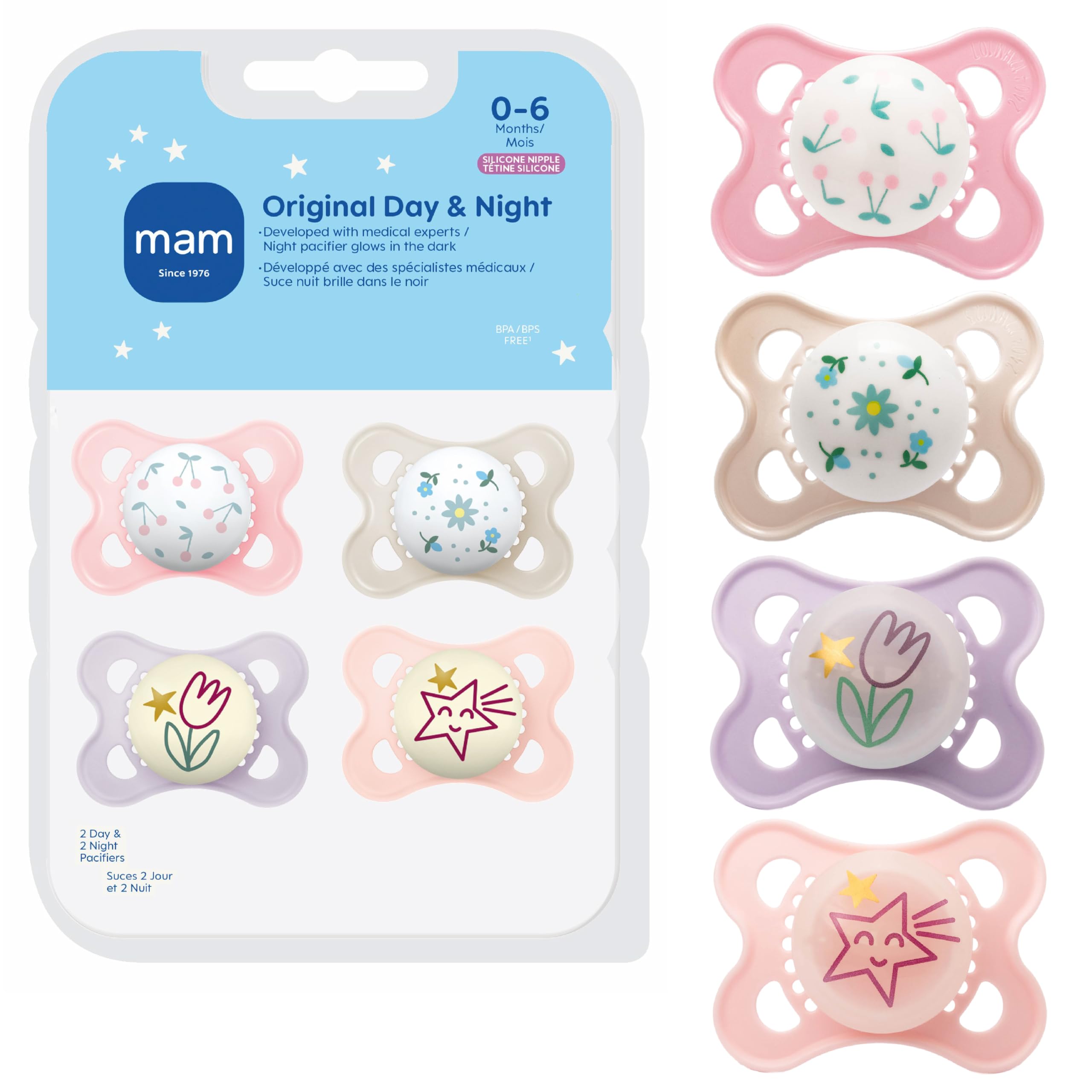 MAM Original Baby Pacifiers 0-6 Months, Glows in The Dark, 4 Pack | For Newborn 
