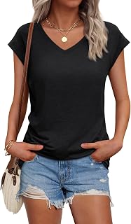 AUTOMET Womens V Neck T Shirts Cap Sleeve Cap Sleeve Basic Tees