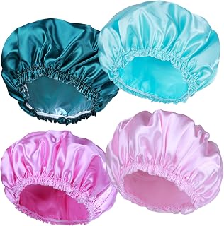CHFONG Shower Caps for Women, 4 PCS Reusable Waterproof Bath Cap | Double Layer, Washable, Wide Elastic Band, Holds Long Hair, Caps for Bath Accessories, Spa, Travel Home - Solid Color
