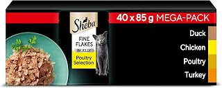 Sheba Fine Flakes in Jelly – Poultry Collection – Wet cat food pouches for adult cats – 40x85g pack