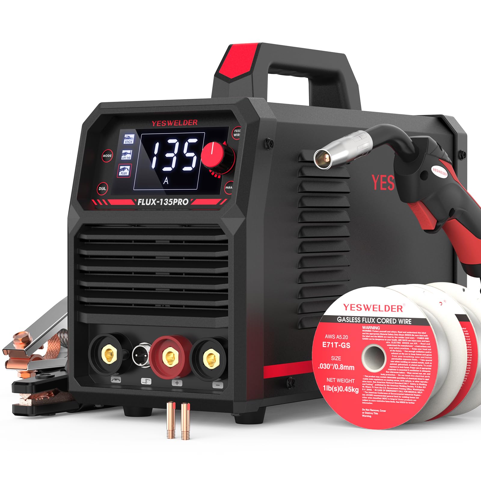 YESWELDER 135A MIG Welder, 110V Flux Core Gasless MIG/Lift TIG/Stick 3-in-1 | Cl