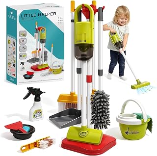 Dreamon Cleaning Set for Children - 14Pcs Toy Cleaning Set with Toy Vacuum | Red Pretend Home Cleaning Play Set for Children Age 3-7, Toy Vacuum that Really Works, Christmas Birthday Gift for Girls Boys