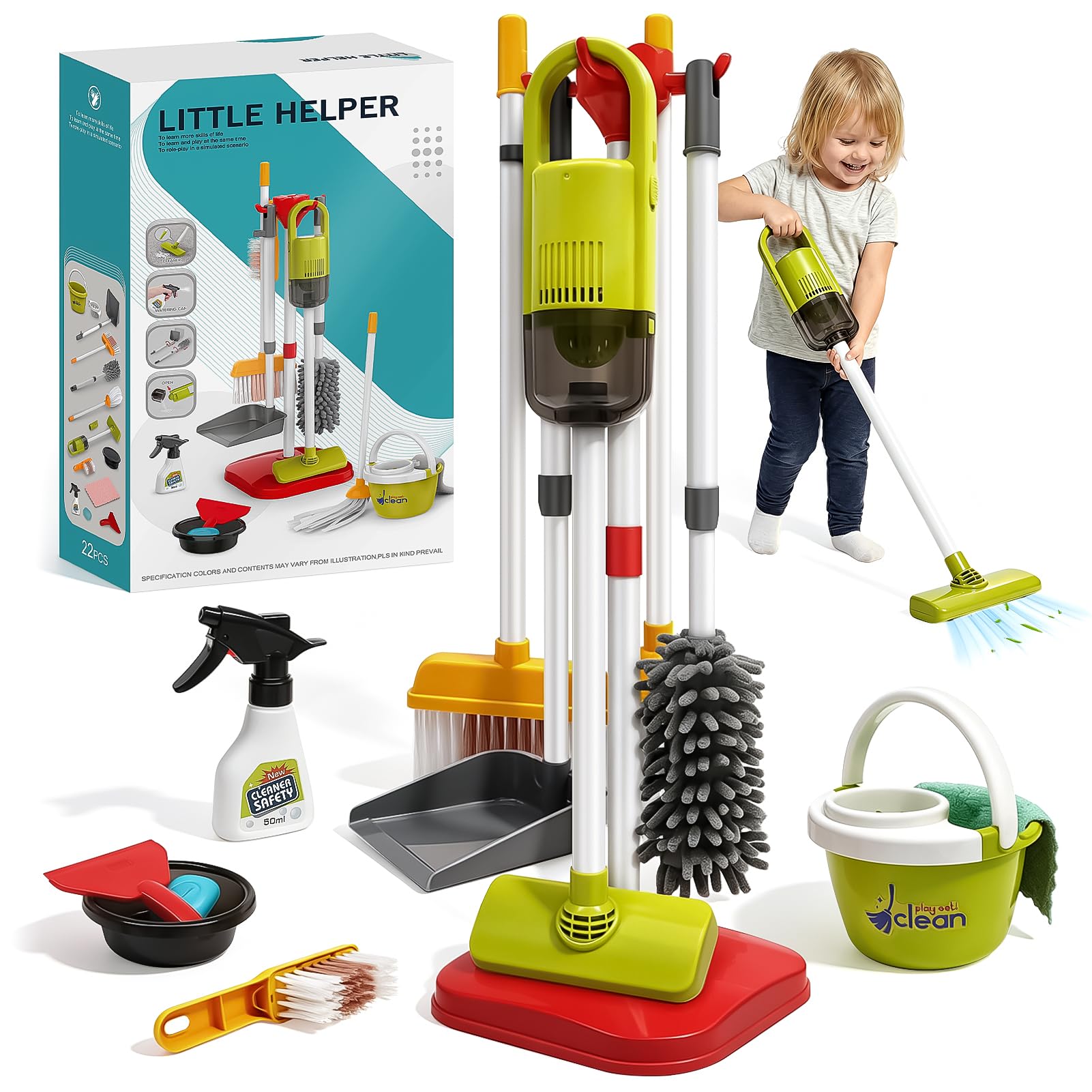 Dreamon Cleaning Set for Children - 14Pcs Toy Cleaning Set with Toy Vacuum | Red