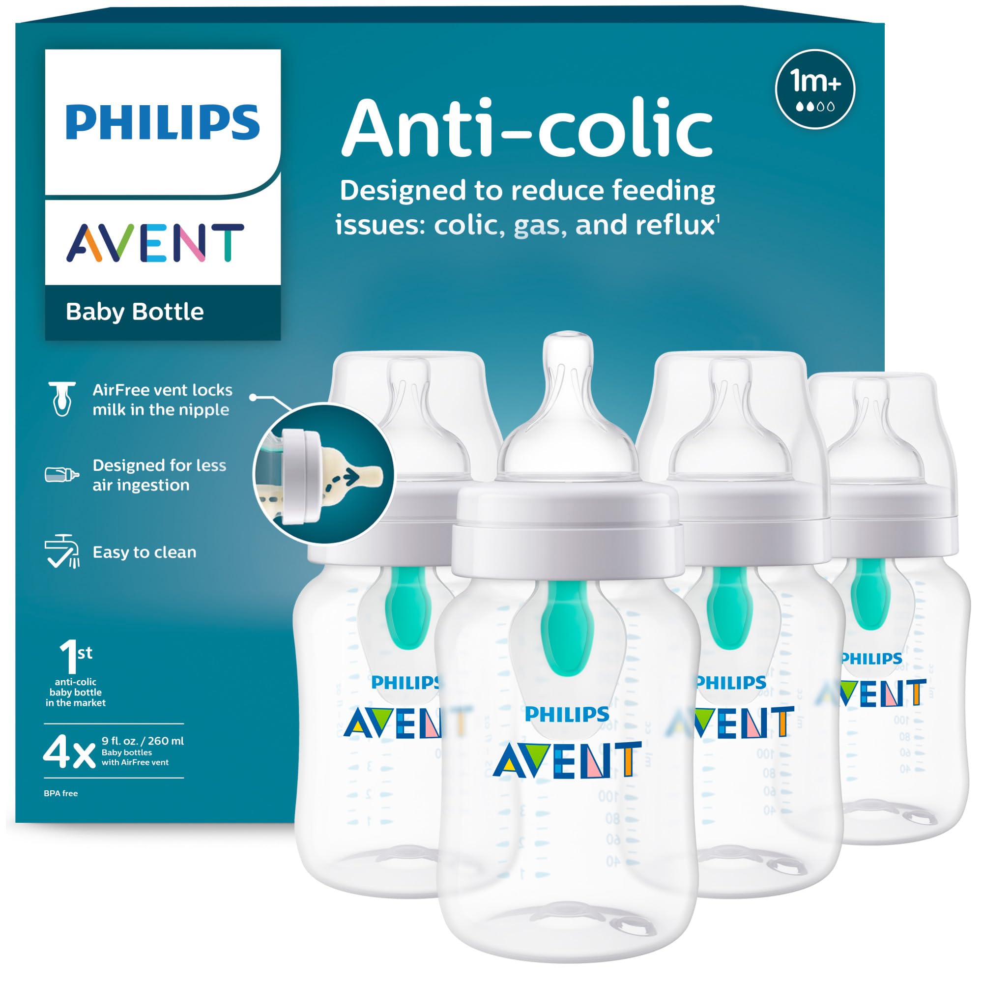 Philips Avent Anti-Colic Baby Bottle with AirFree Vent, Medium Flow, 9 oz | AirF