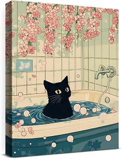 Aesthetic Japanese Cat Wall Art Decor Japan Cat in Bathtub Canvas Print Poster Framed Painting Wall Decorations for Home Apartment Bathroom 11x15 Inch