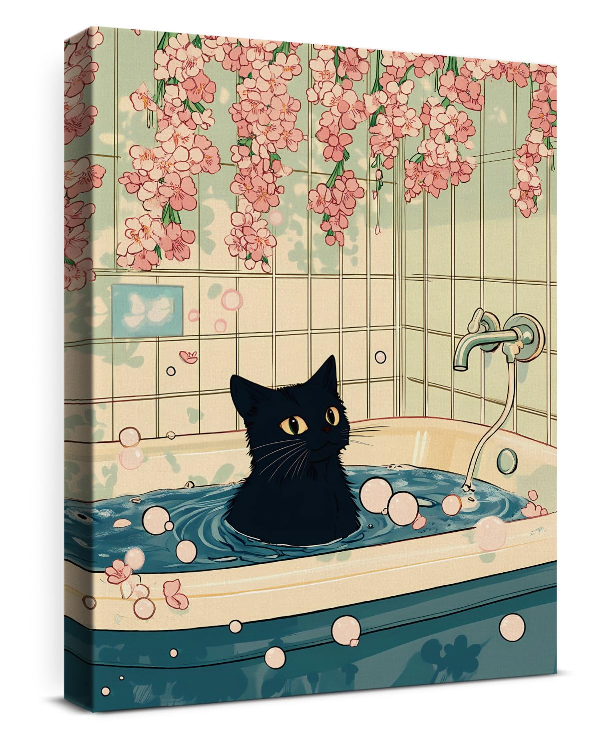 Aesthetic Japanese Cat Wall Art Decor Japan Cat in Bathtub Canvas Print Poster F