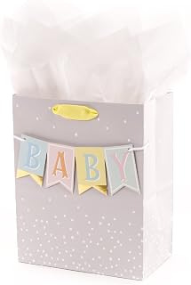 Hallmark 9" Medium Baby Gift Bag with Tissue Paper (Banner on Grey) | Ideal for baby showers, gender reveal, Silver dots, foil accents, yellow ribbon handle, 2 tissue sheets, 7.8 x 9.6 in
