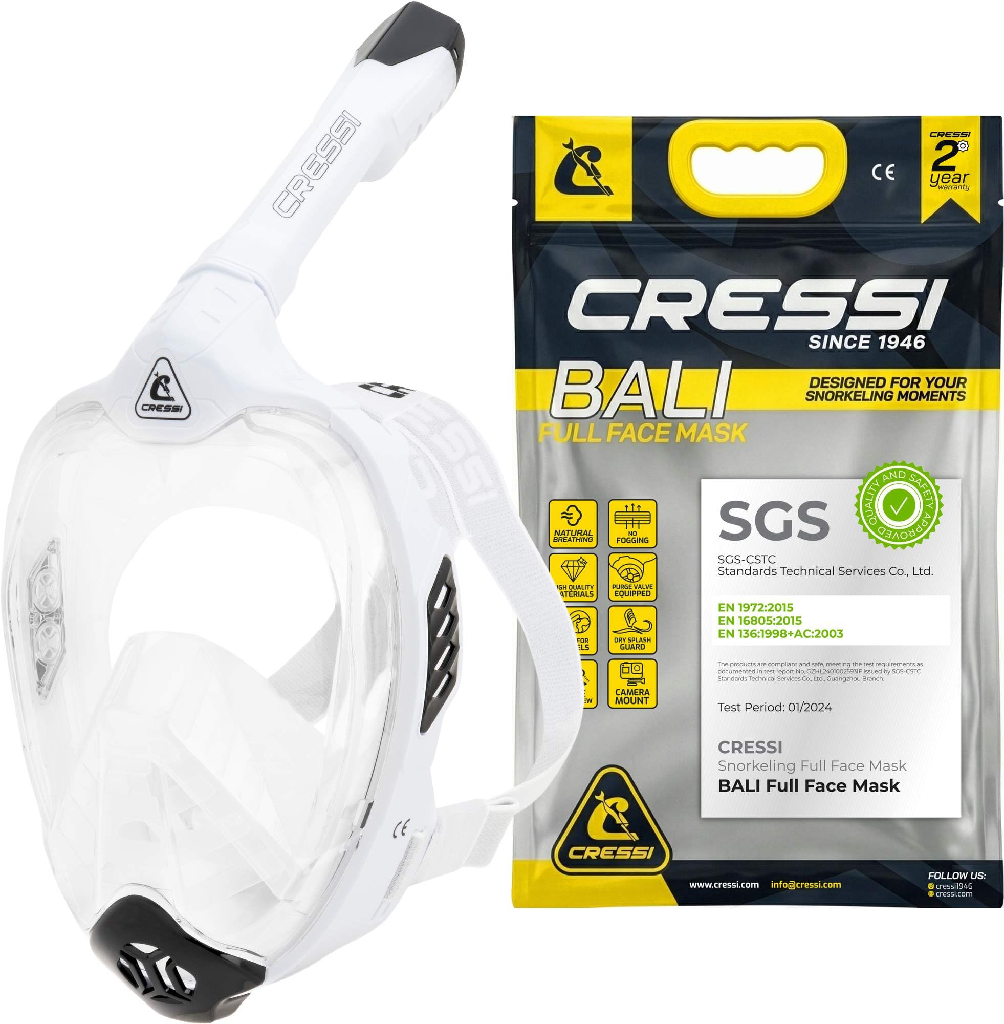 Cressi Full Face Mask, CO2 Safe Full Face Snorkel Mask Adult with Clear Vision, 