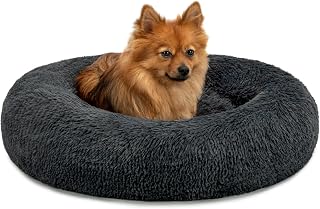 lionto Donut bed for dogs and cats, fluffy round dog bed for small and large pets, Ø 60 cm, soft cat bed made of cuddly plush, dog cushion with extra thick filling, dark grey