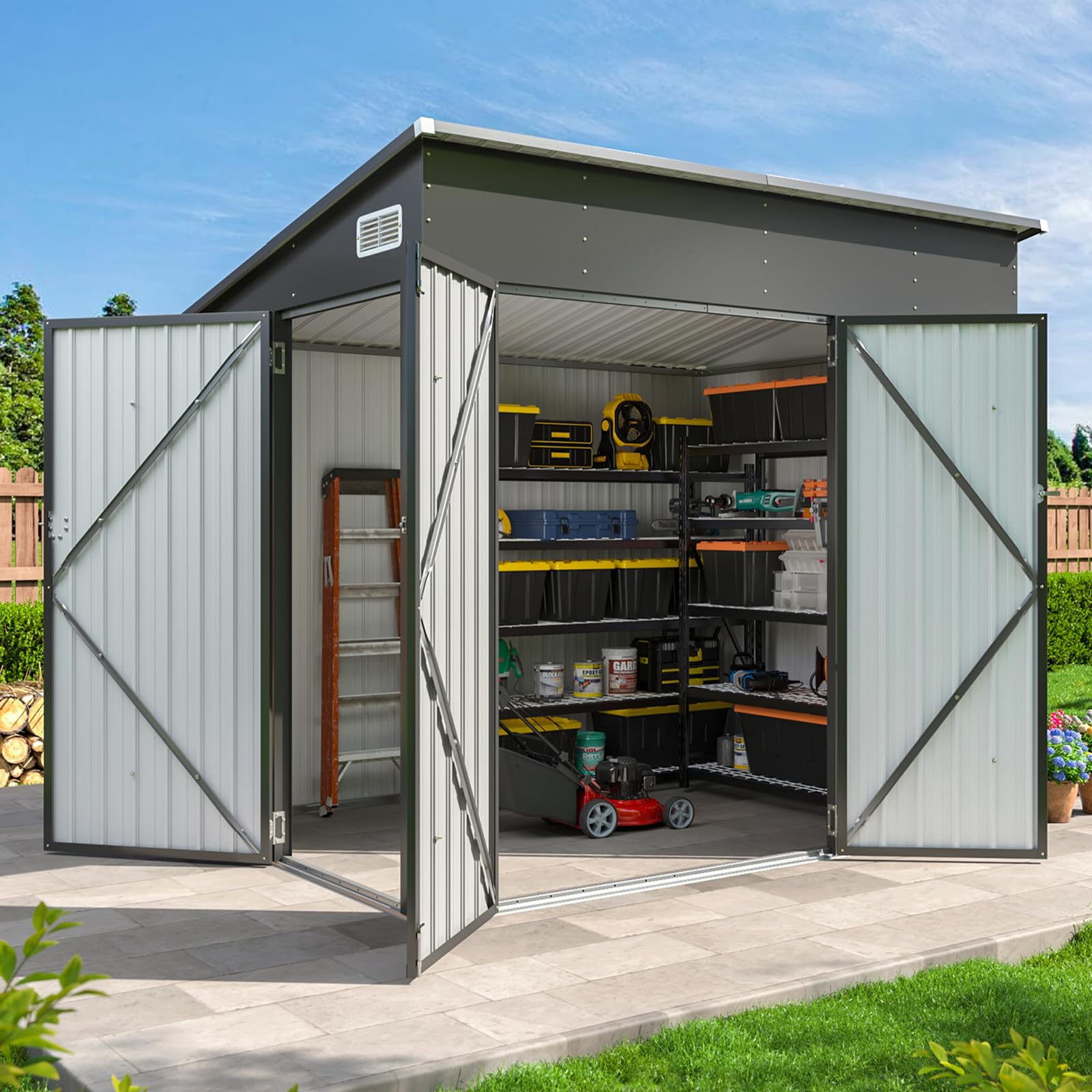 Aoxun 7.5'x4' Triple Door Shed Outdoor Storage Shed Black | Metal Storage Cabine