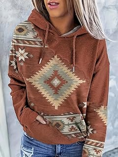 Women Casual Fashion Crewneck Hooded Sweatshirt, Western Ethnic Style, Retro Print Women Top Sweatshirt