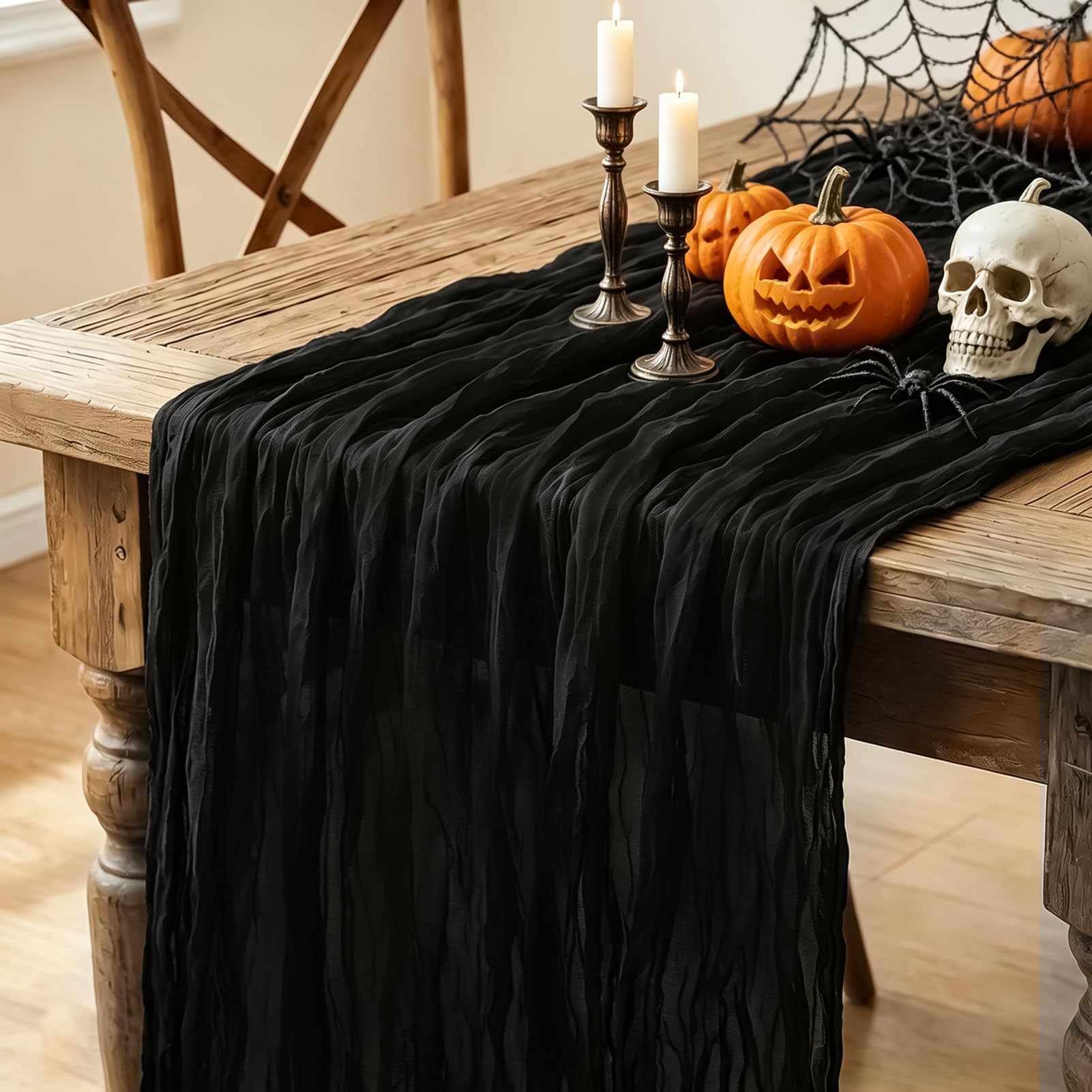 Black Table Runner, 10FT Black Cheesecloth Halloween Table Runner 35*120inch Boh