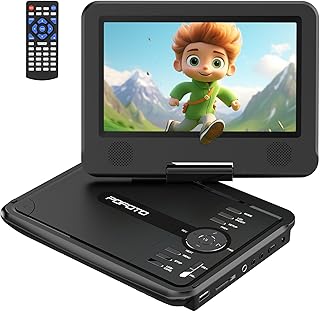 POFOTO Portable DVD Player with 7.5" Swivel Screen for Kids and Car | 4-6 Hour Working Time, Car DVD Player with Dual Speakers, Remote Control, Support Sync TV, Region Free USB/SD/AV- Black
