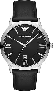 Emporio Armani Men's Three-Hand Date Silver and Black Leather Band Watch (Model: AR11210)