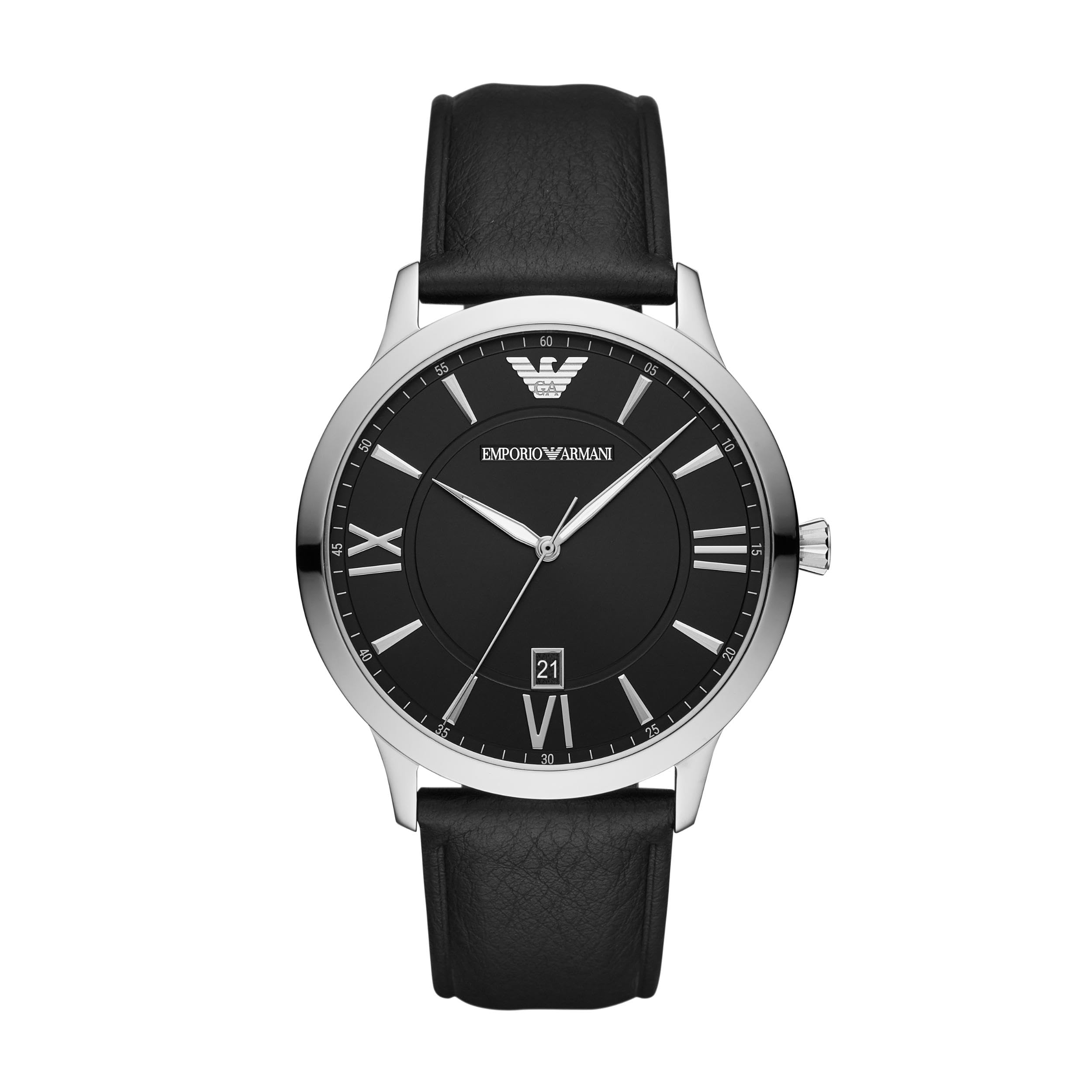 Emporio Armani Men's Three-Hand Date Silver and Black Leather Band Watch (Model: