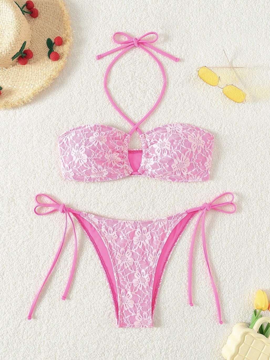 Women Sexy Lace Bikini Set Pink Strapless Two Piece Swimsuit Adjustable Tie Side