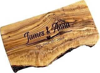 Ellie Charles Personalised Rustic Olive Wood Chopping Board, Couples Gift | Natural Live Edge, Bark Line Kept | Cheese Board, Serving Board | 25cm to 50cm | Wedding, Christmas Gift