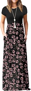 GRECERELLE Women Summer Casual Maxi Long Dress Short Sleeve Crew Neck with Pockets, Size S-3XL