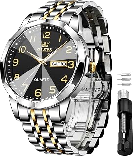 OLEVS Mens Quartz Analog Watch Stainless Steel Waterproof Luminous Date Diamond Two Tone Casual Watch
