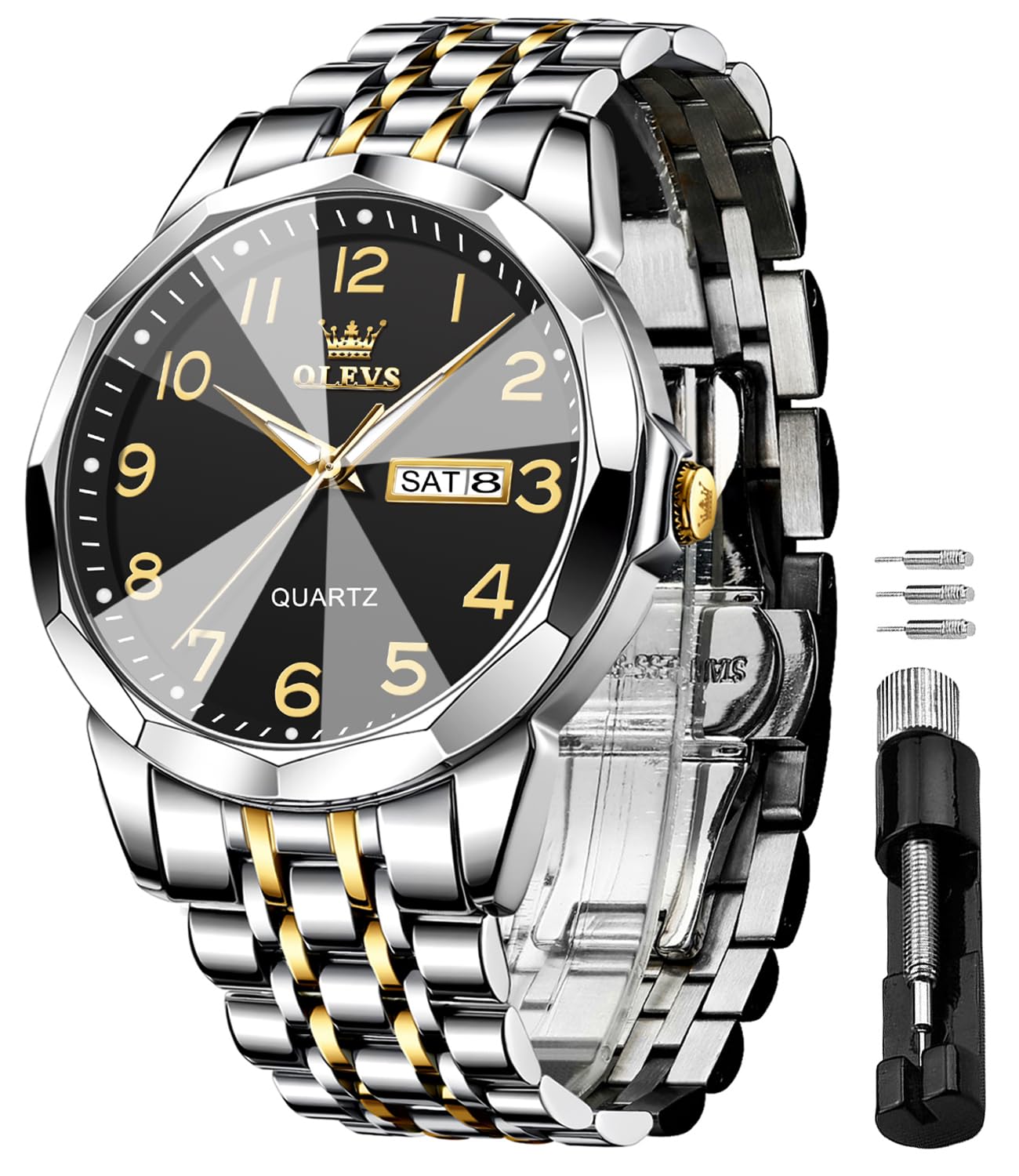 OLEVS Mens Quartz Analog Watch Stainless Steel Waterproof Luminous Date Diamond 