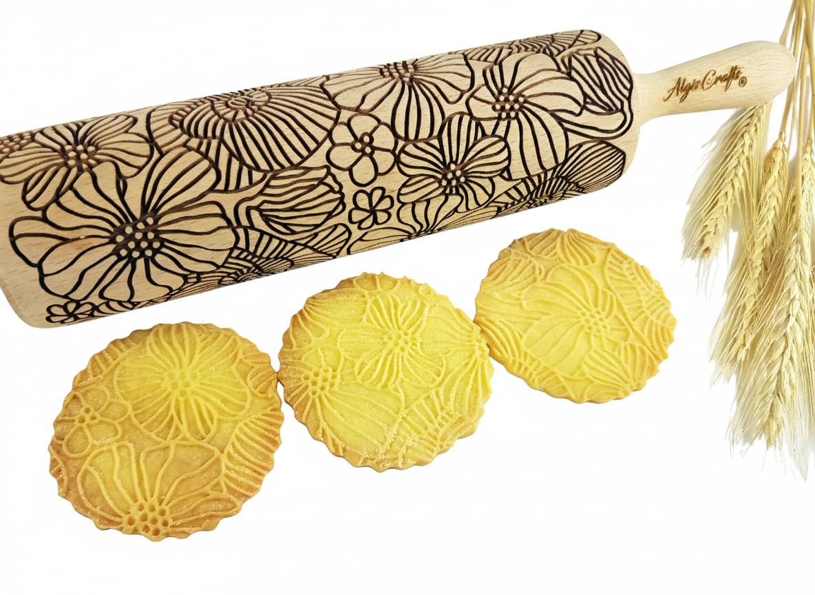 Poppy Embossing Rolling pin. Engraved Wooden Embossed Dough Roller for Embossed 