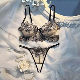 Sexy Lingerie Set for Women Floral Embroidery Sexy Push Up Underwire Bra Set of 2 Black