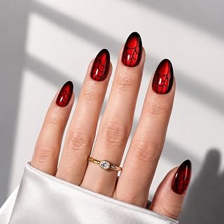 Red Cat Eye Press On Nails, Spider Web Short Almond Design, Glossy Nail Set
