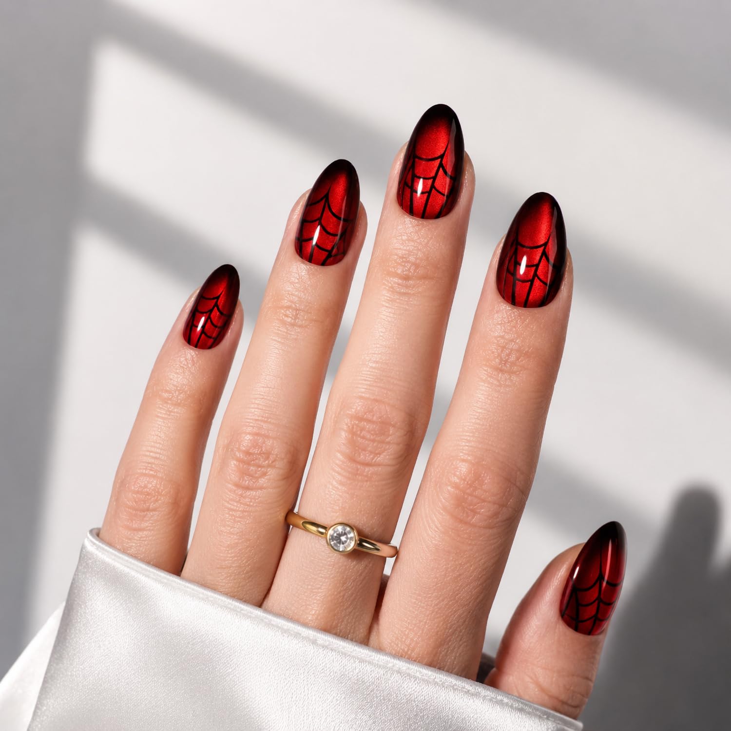 Red Cat Eye Press On Nails, Spider Web Short Almond Design, Glossy Nail Set