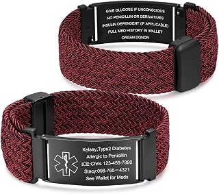 Bracelets d'alerte médicale pour homme et femme – Bracelet d'identification médicale unisexe avec gravure double face, bracelet médical en acier inoxydable et cordon en nylon