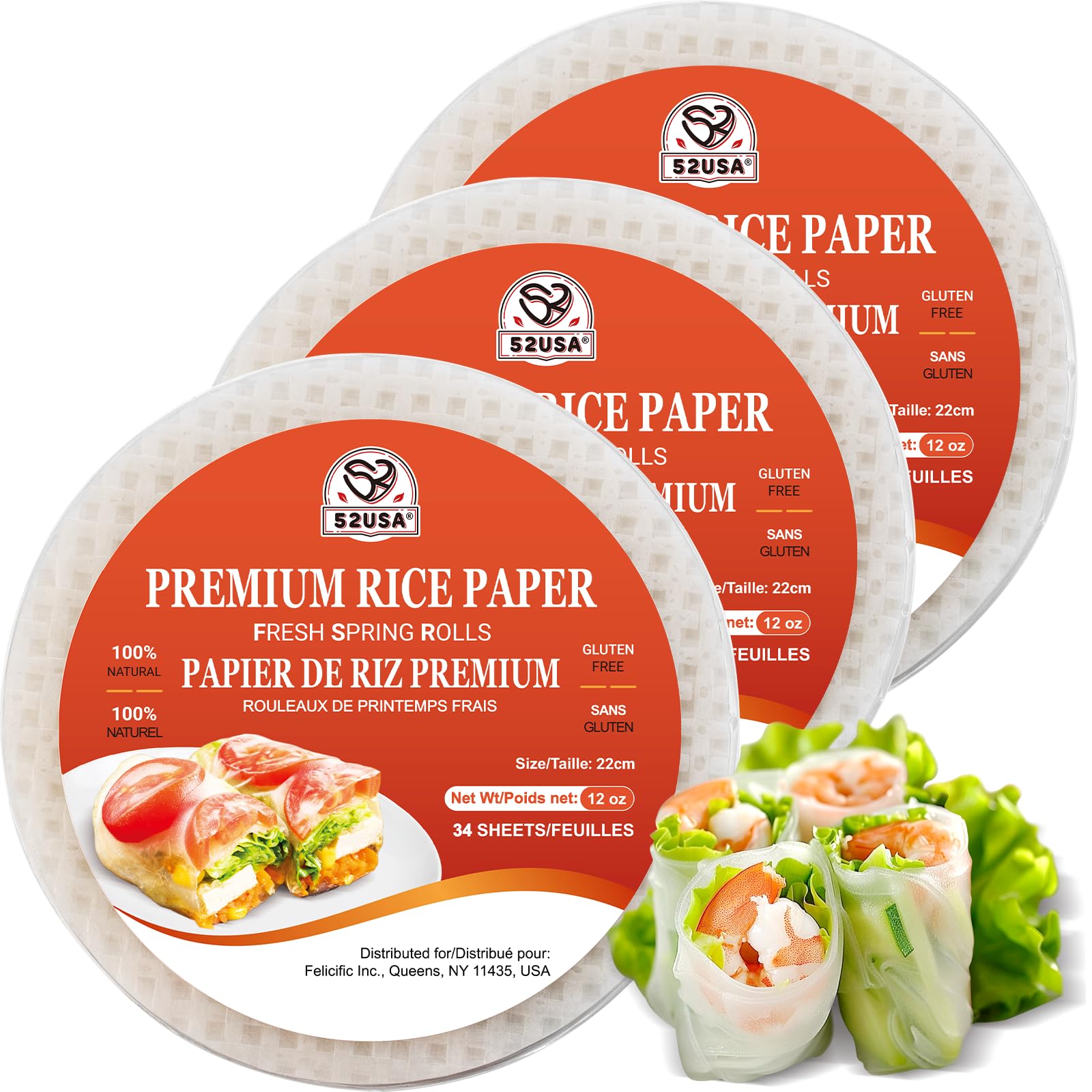 52USA Rice Paper, 3 Pack, Rice Paper Wrappers, Fresh Spring Roll Wrappers & Dump