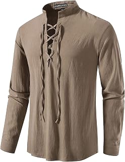 PARKLEES Men's Retro Cotton Casual Shirt Long Sleeve Lace-up Shirts Medieval Viking Pirate Costume for Halloween