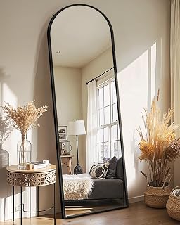 Delma Arched Full Length Mirror with Stand, Black Floor Mirror | Aluminium alloy frame with HD float glass for distortion-free reflection. Free standing or wall mounted.