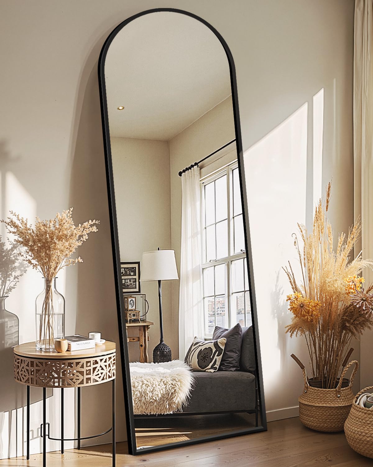 Delma Arched Full Length Mirror with Stand, Black Floor Mirror | Aluminium alloy