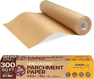 Katbite Unbleached Parchment Paper Roll, 15in x 242ft, 300 Sq.Ft, Non-Stick with Serrated Cutter for Baking, Cooking, Air Fryer