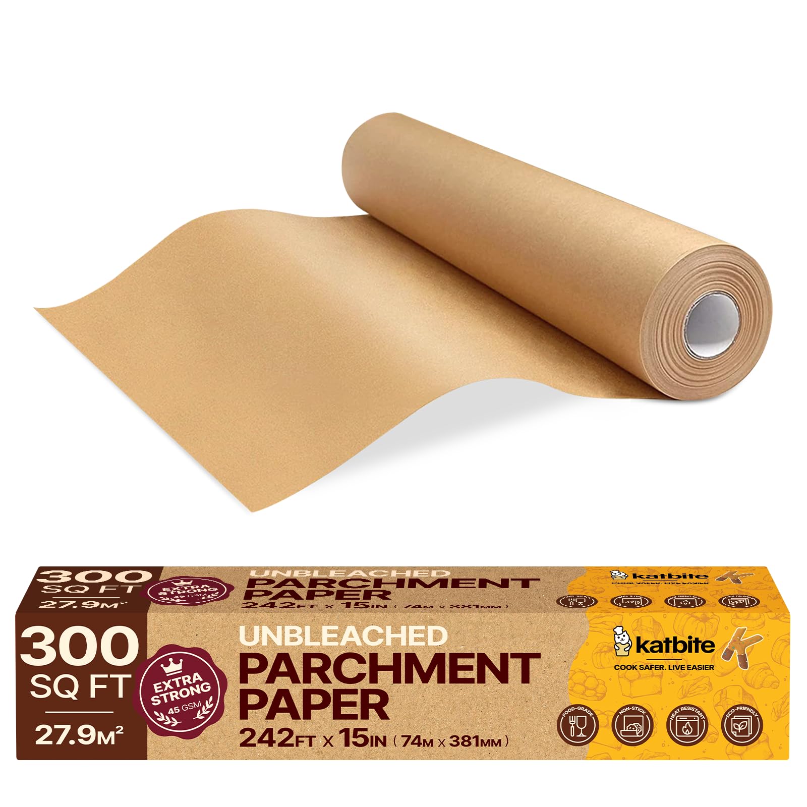 Katbite Unbleached Parchment Paper Roll, 15in x 242ft, 300 Sq.Ft, Non-Stick with