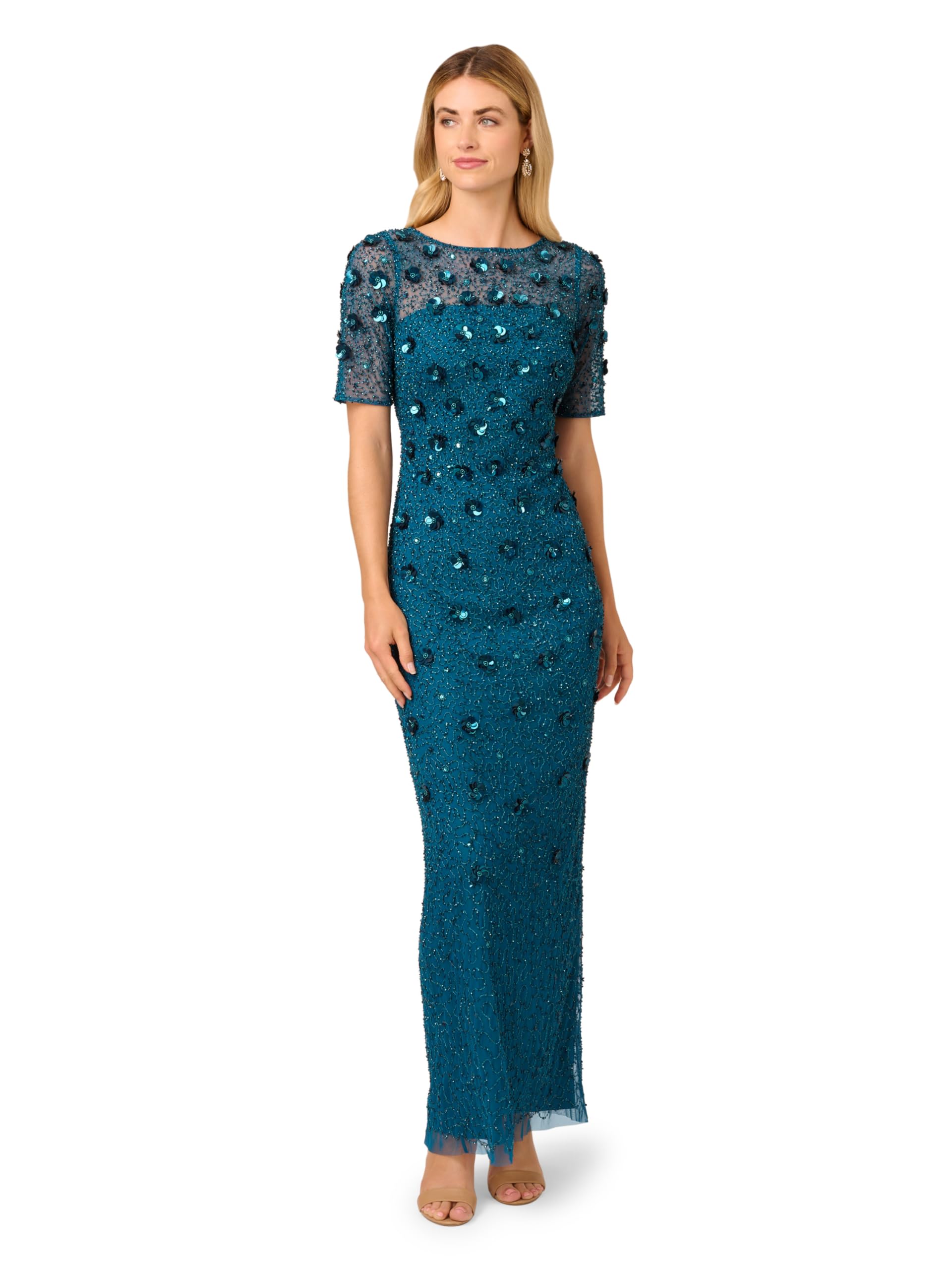 Adrianna Papell Women's Beaded Long 3D Floral Dress Special Occasion Dress