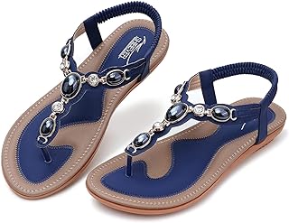 SHIBEVER Women's Sandals Summer Boho Casual Flat Ankle T-Strap Thong Elastic Comfortable Flip Flops Beach Shoes Sandal
