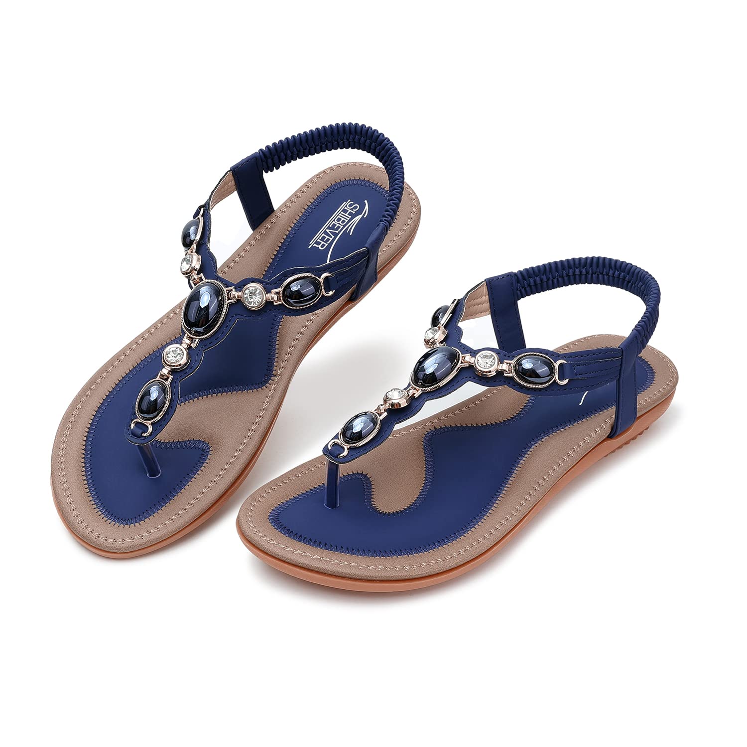 SHIBEVER Women's Sandals Summer Boho Casual Flat Ankle T-Strap Thong Elastic Com