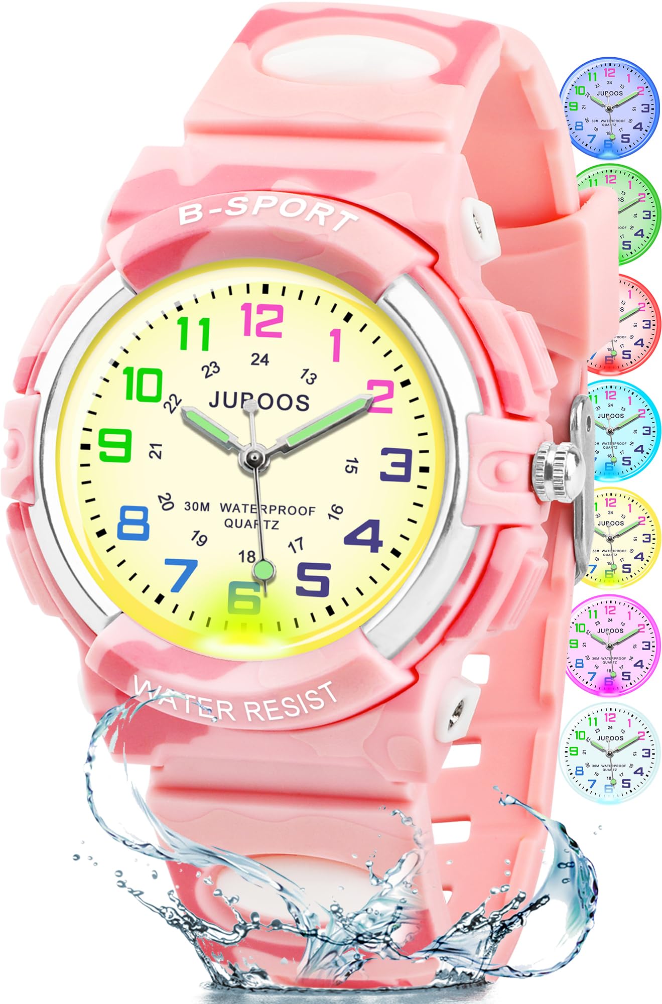 Juboos Orologio Analogico Per Bambini Con 7 Luci Notturne A Colori, Impermeabile