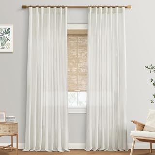 90 Inches Long Sheer Linen Curtains 2 Panels Set,Back Tab Semi Sheer Cotton Blend Fabric Modern Cottage Core Cottagecore Curtain Drapes for Living Room Bedroom,50x90 in Length