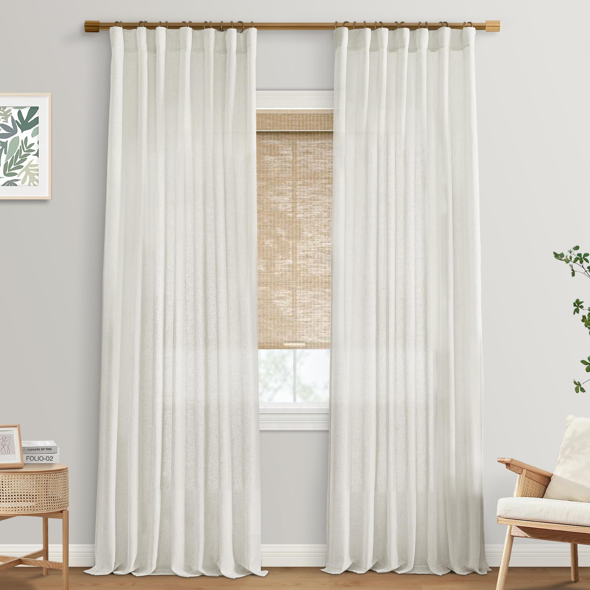 90 Inches Long Sheer Linen Curtains 2 Panels Set,Back Tab Semi Sheer Cotton Blen