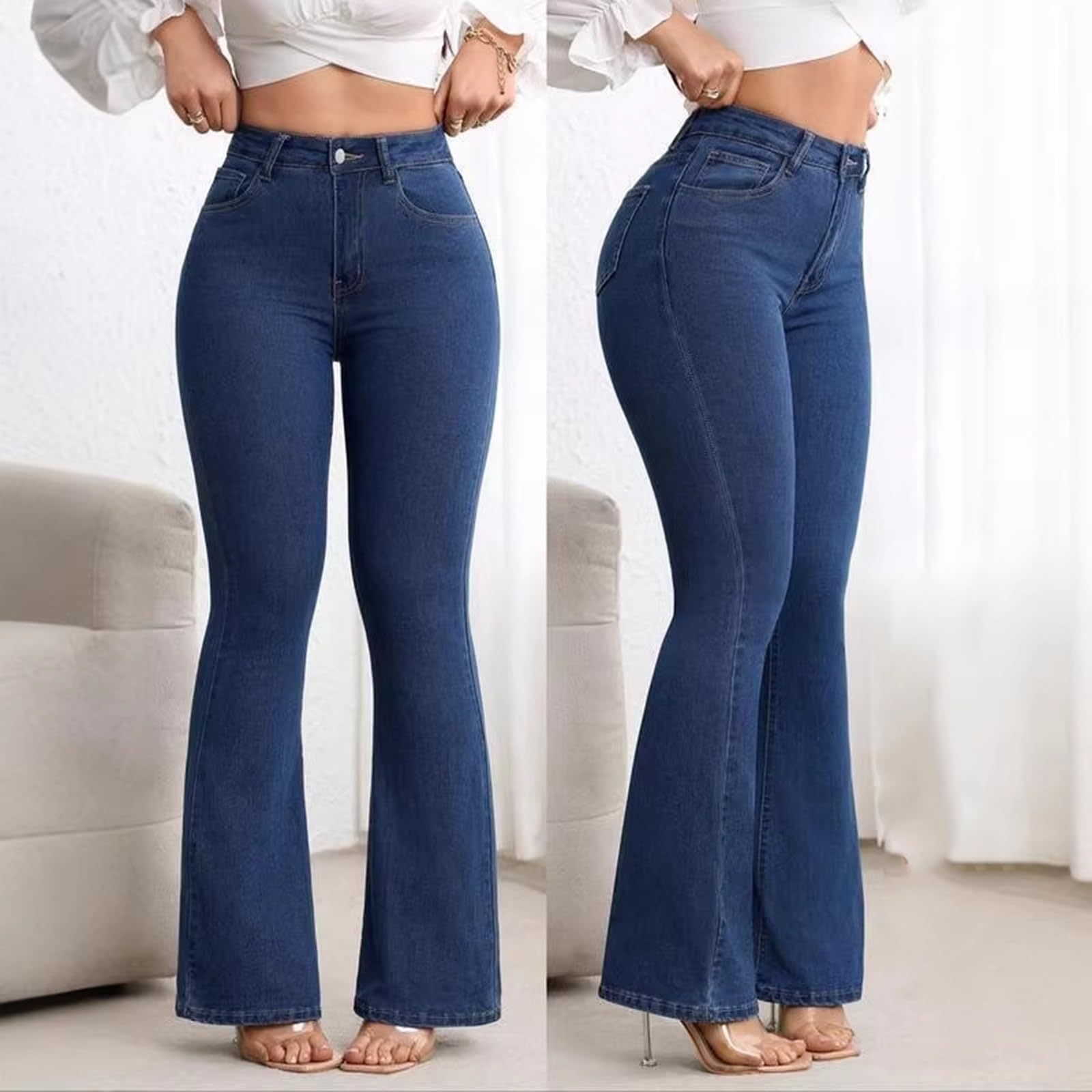 Women's High Waist Flared Jeans, Slim Fit Bell Bottom Denim Trousers, Retro Boot