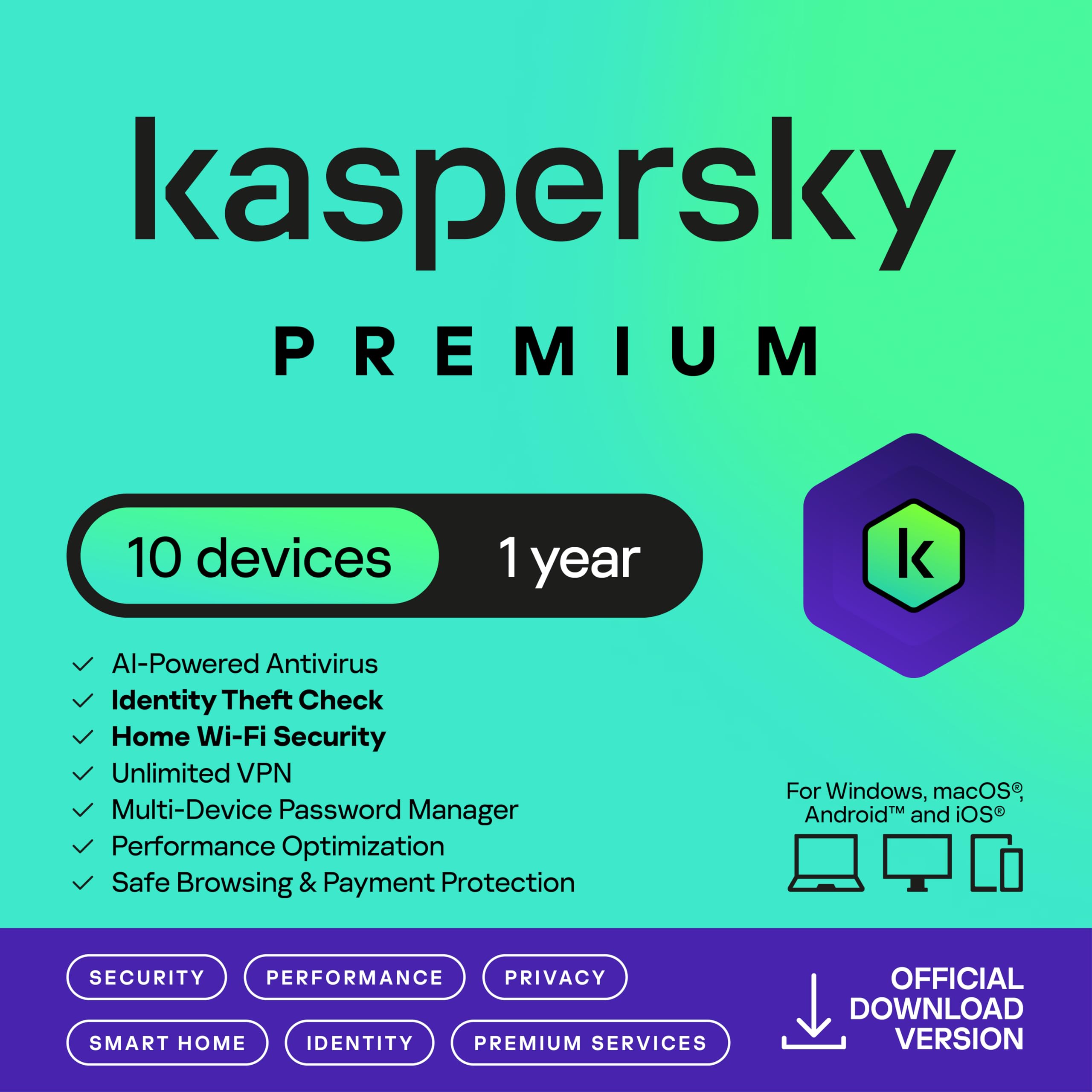 Kaspersky Premium Total Security 2026 | 10 Devices | 1 Year | Anti-Phishing and 
