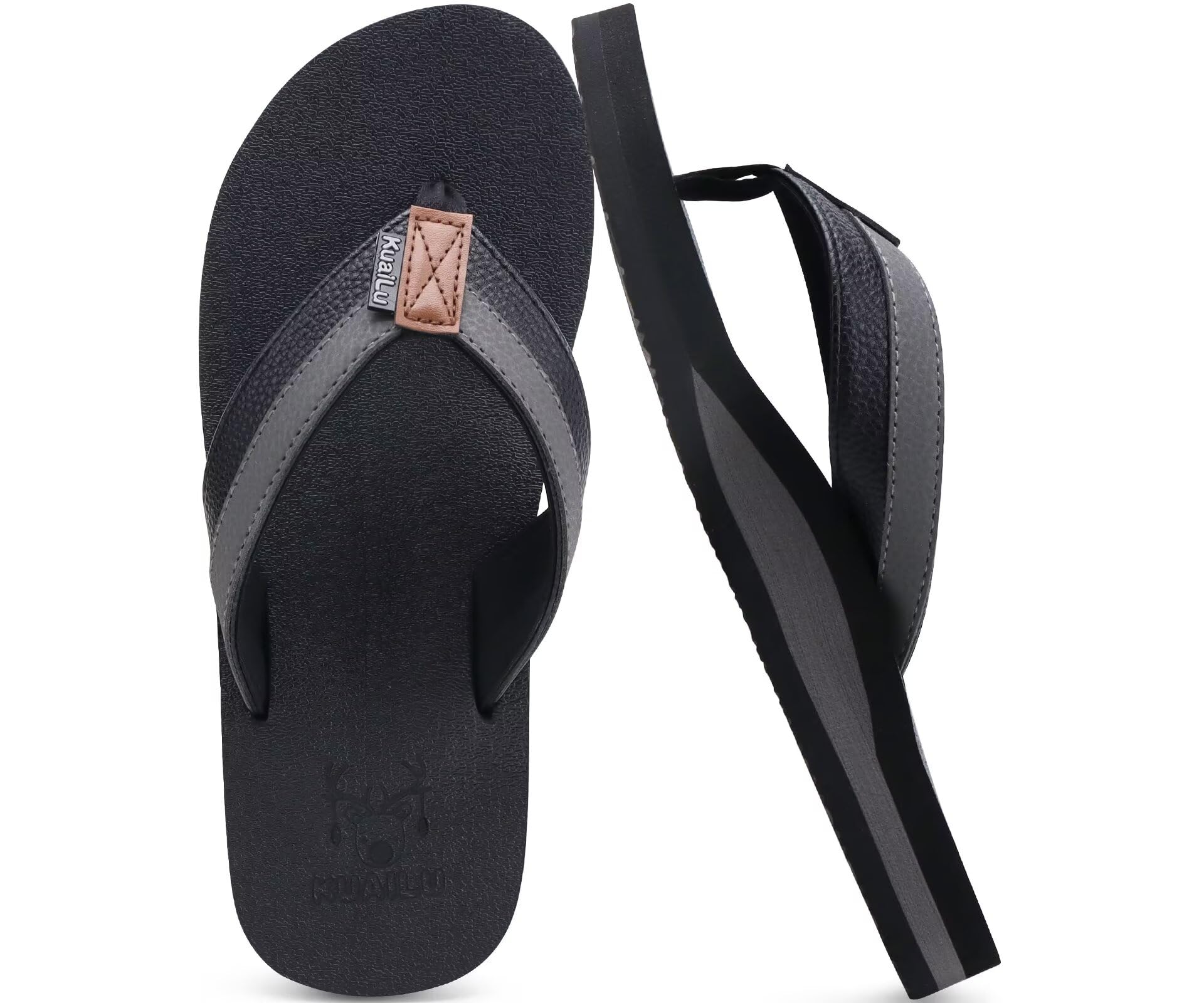 KuaiLu Flip Flops Men Summer Beach Pool Leather Walking Toe Sandals