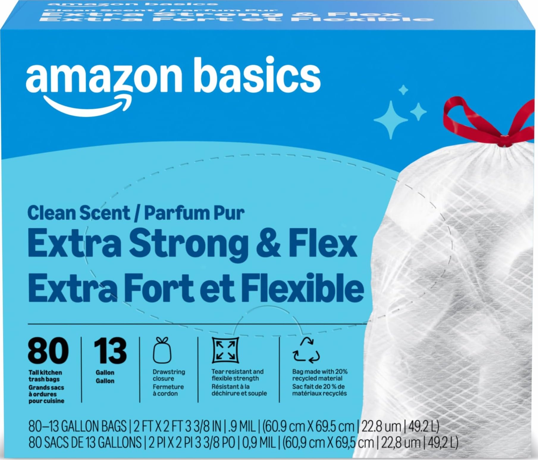 Amazon Basics Ultra-Force Tall Kitchen Drawstring Trash Bags, Classic Clean Scen