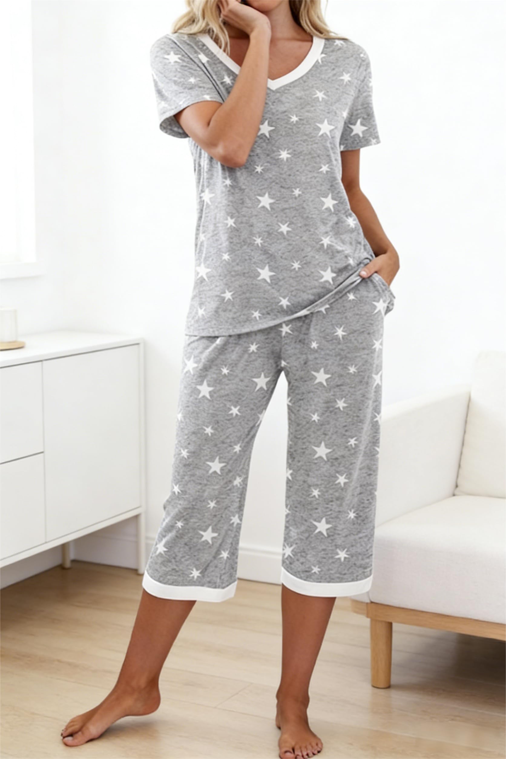 Pigiama da donna, 2 pezzi, con scollo a V, top e pantaloni capri, con tasche, am